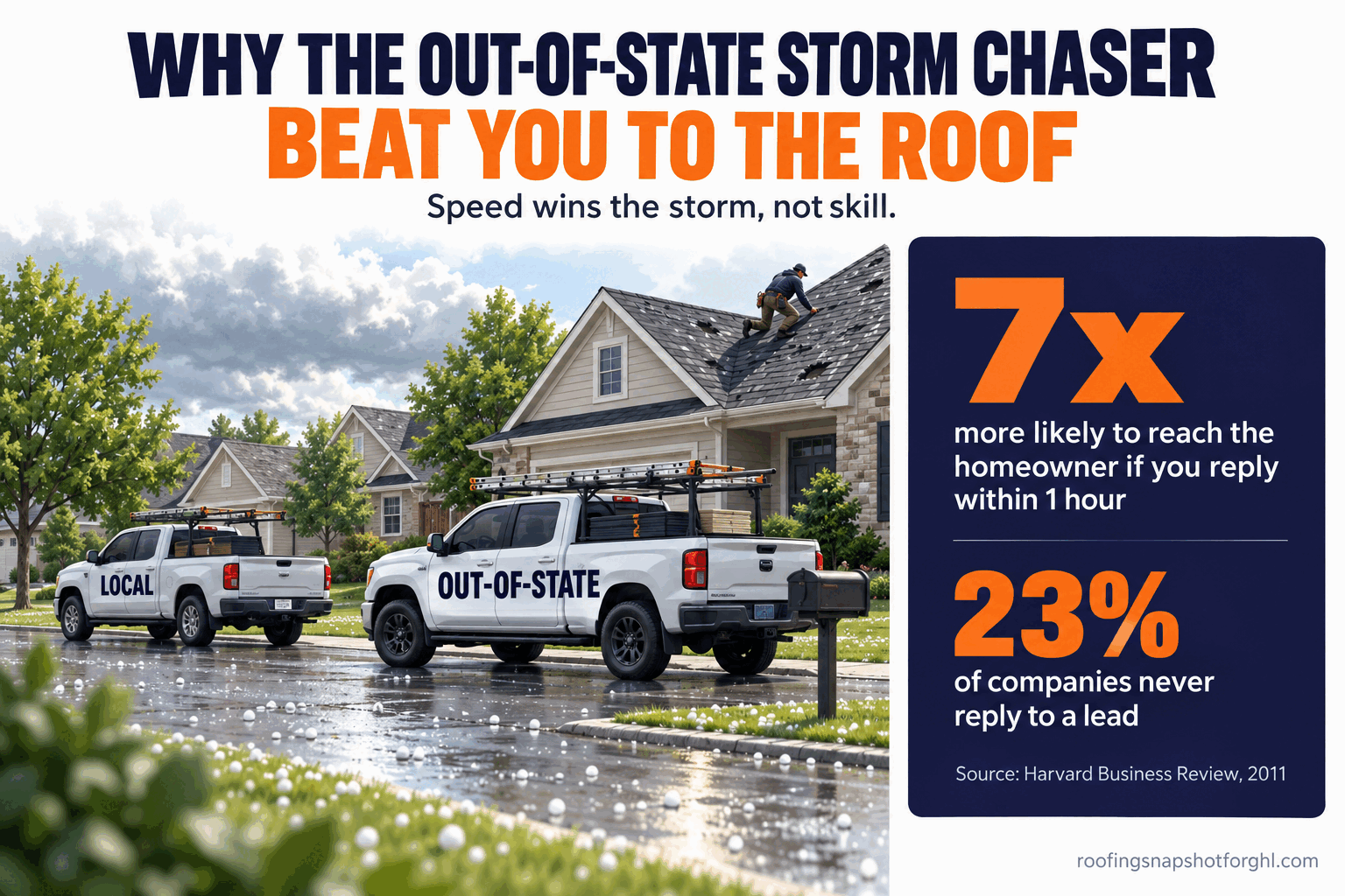 Why the out-of-state storm chaser beat you to the roof: a local roofing truck and an out-of-state truck on a hail-covered street, with stats showing you are 7x more likely to reach a homeowner if you reply within 1 hour and 23% of companies never reply to a lead