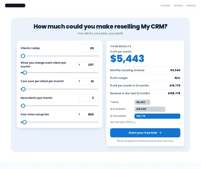Reseller profit calculator showing agency margin on GoHighLevel sub-accounts