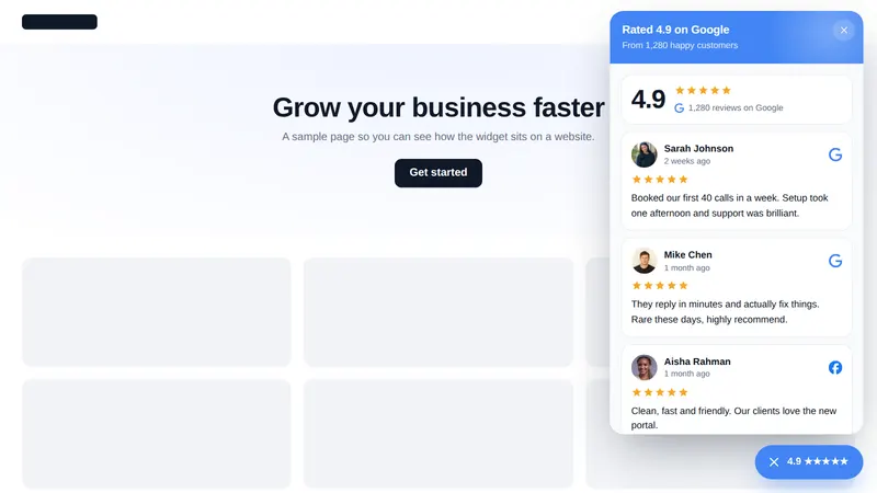 Google rating card floating widget open on a sample roofing website