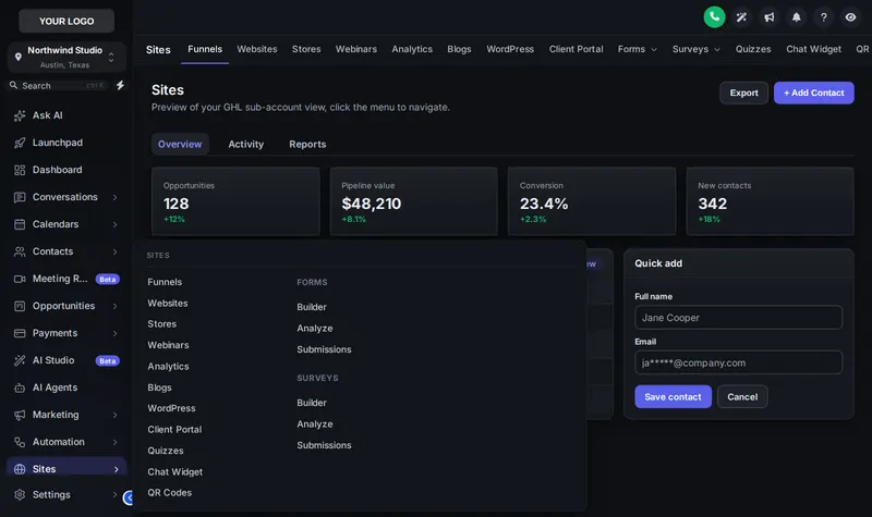 Graphite sidebar with the Sites mega menu open in GoHighLevel